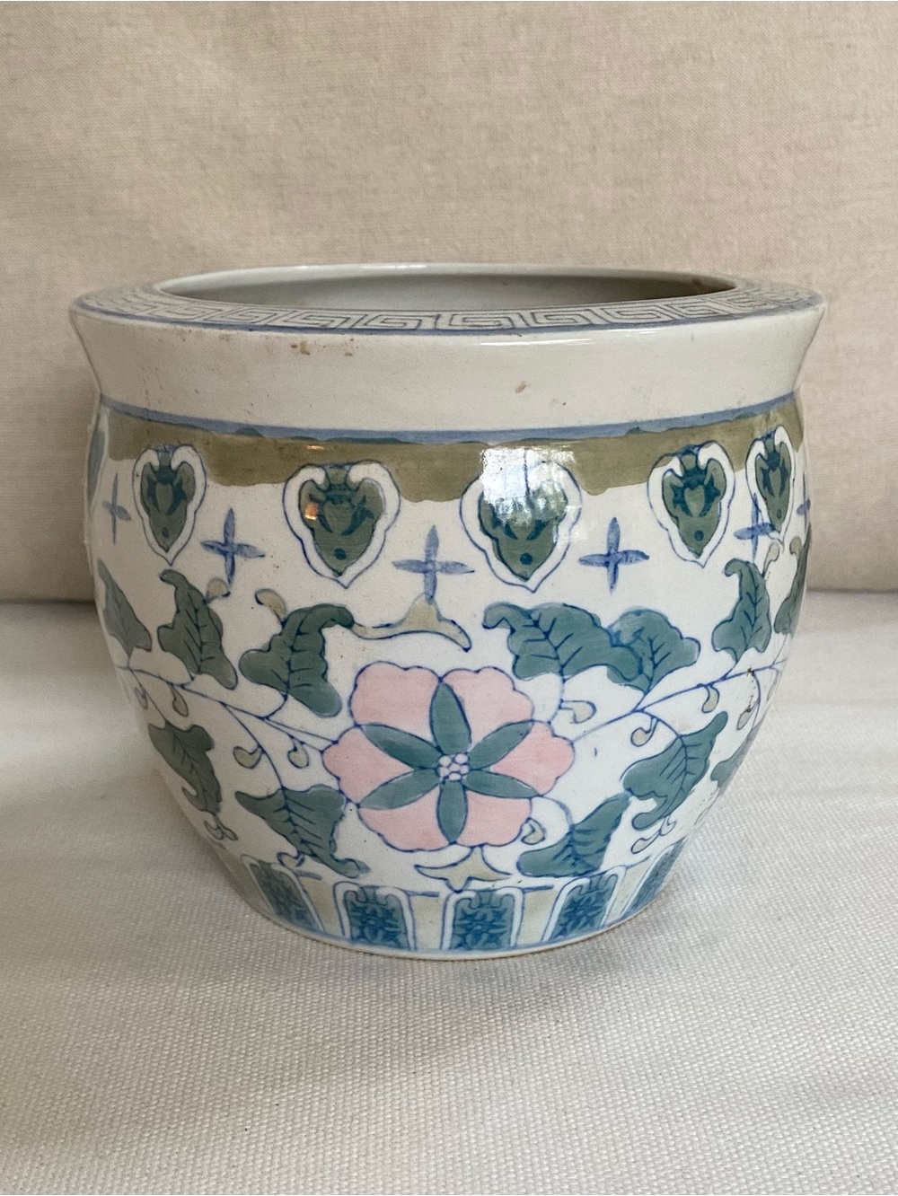 VTG Chinoiserie Ceramic Planter Pink Blue Floral Greek Key Rim Bowl Cachepot
